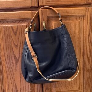 Boden Navy and Tan Leather Tote Bag